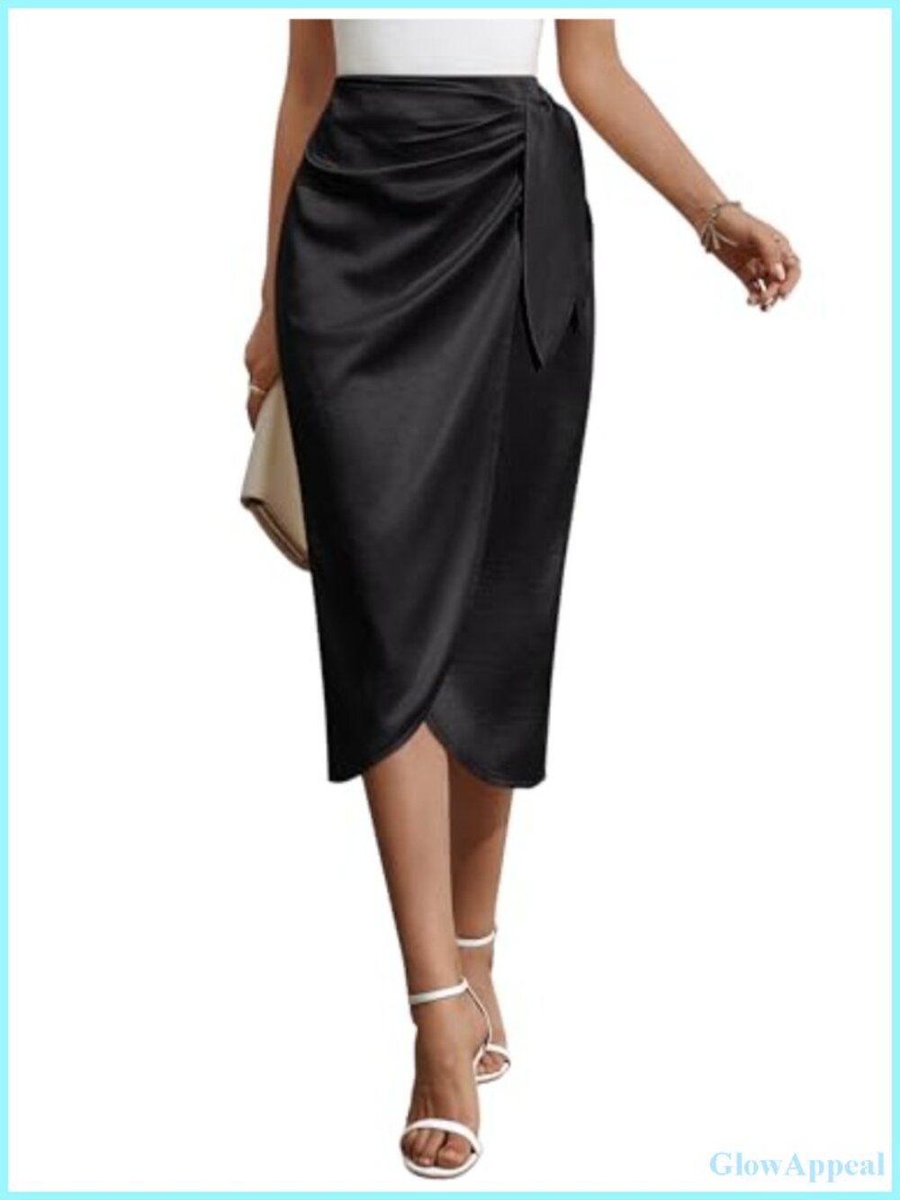 Satin Midi Skirt Tie Knot Front High Waist Ruched Wrap Cocktail Party